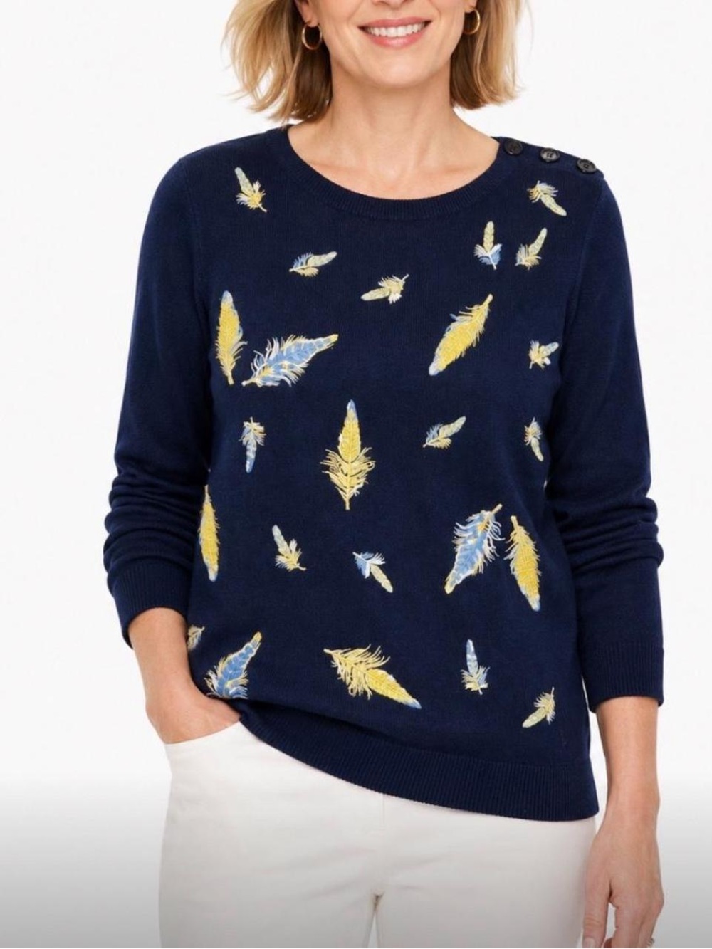 Talbots Midnight Blue Knit Sweater Feather Embroidered Bohemian Pullover Sz XL